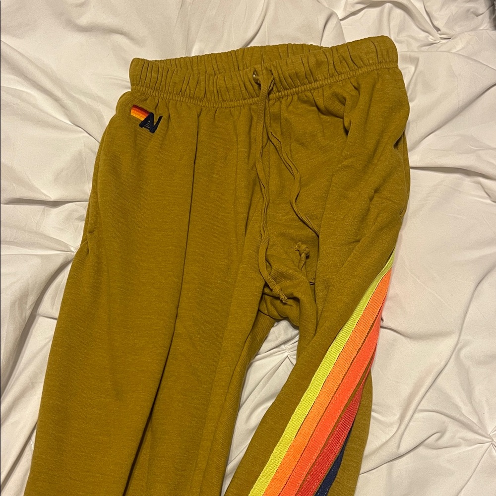 Aviator Nation Olive Sweatpants with Rainbow Stripes